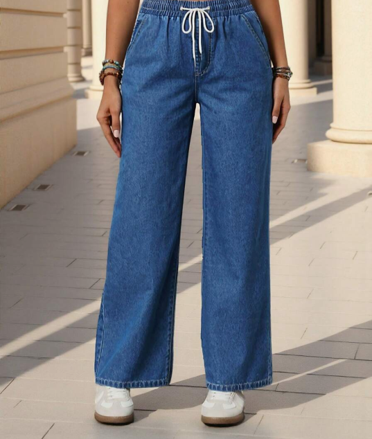 High Rise Elastic Waist Denim Trousers